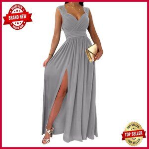 Elegant Ruched Formal Maxi Dress V-Neck Wrap Style Bridesmaid Wedding Guest
